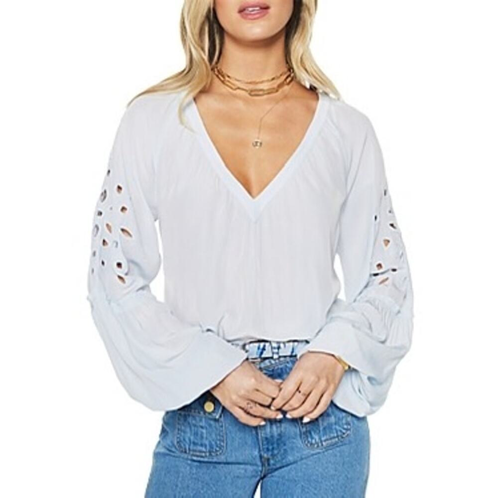Ramy Brook Cheryl Cutout Beaded Balloon Sleeve Top Blue XSmall